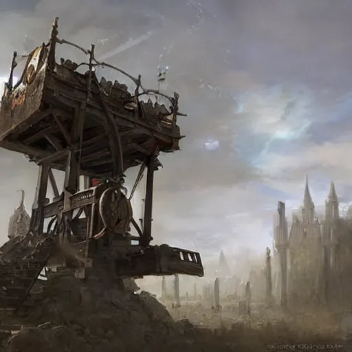 Image similar to a moving siege tower with cart wheels, crossbow on the tower, epic fantasy style art by Craig Mullins, fantasy epic digital art, epic fantasy card game art by Greg Rutkowski