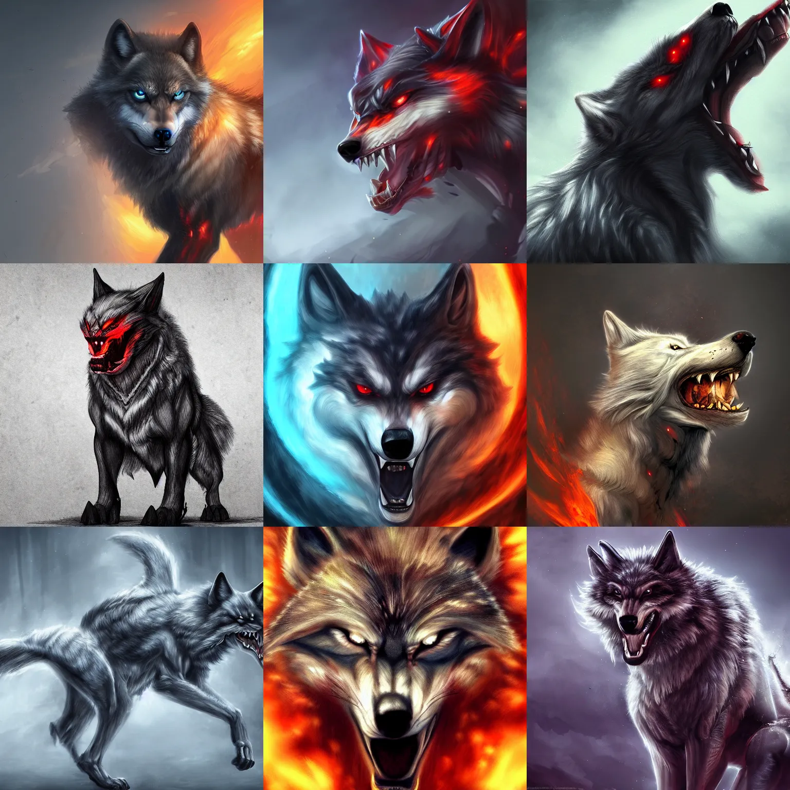 Prompt: Powerful demon wolf, 8K, trending on artstation, digtal painting, artwork, HD wallpaper