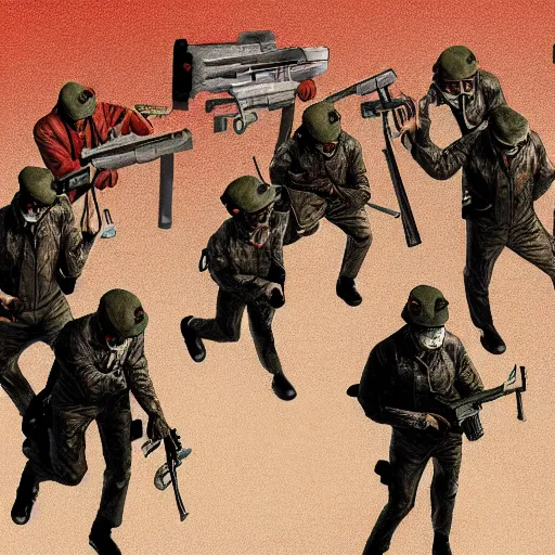 Image similar to zombie security officers with glowing pale red skin in beige uniforms and caps holding bullpup guns in a brutalist office setting trending on artstation digital painting 4 k sharp detail high quality