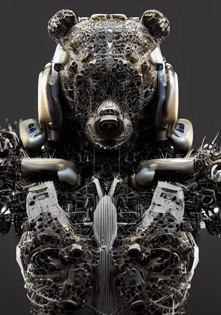 Image similar to complex 3 d render hyper detail portrait of a mechanical bear cyborg, sci fi, full body, intricate, art by kazuhiko nakamura and hajime sorayama, 8 k octane detailed render, post - processing, extremely hyperdetailed, intricate futuristic mechanic parts, maya, dark background, sharp focus, blender, cinematic lighting + masterpiece, trending on artstation