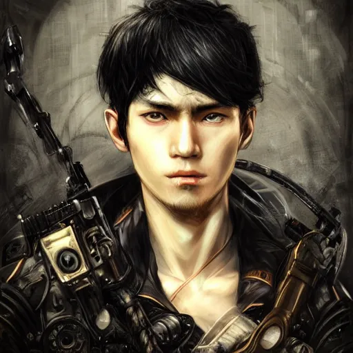 Image similar to portrait of a man by ayami kojima, black, he is about 2 0 years old, short black hair, annoyed older brother vibes, he is wearing a steampunk tactical gear, highly detailed portrait, digital painting, artstation, concept art, smooth, sharp foccus ilustration, artstation hq