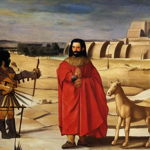 Prompt: Velazquez realistic painting of Gilgamesh the immortal and Utnapishtim, with the Sumerian city-state of Uruk in the background.