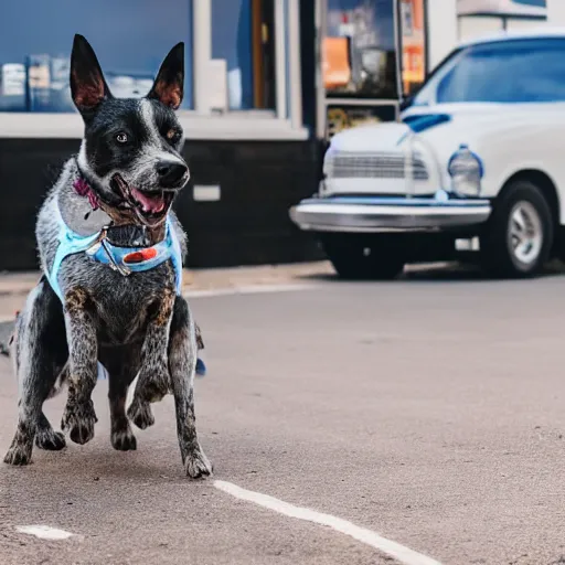 Image similar to blue heeler dog on a motorcycle, 8 k photography, blurred background of a wafflehouse