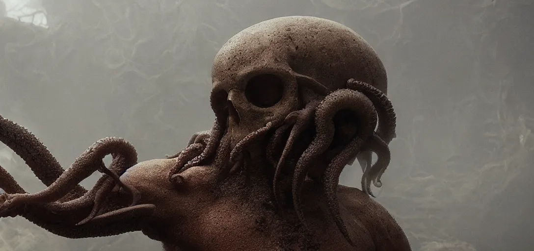 Prompt: an [ [ [ [ [ [ [ [ [ [ [ octopus ] ] ] ] ] ] ] ] ] ] in the shape of a skull, foggy, cinematic shot, photo still from movie by denis villeneuve, wayne barlowe