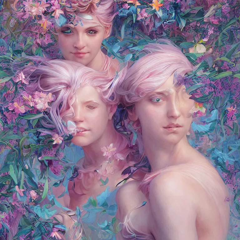 Prompt: harmony of swirly pink haired cyborg from ex machina wearing baby blue greek clothes, muted colors, colorful flowers, tropical, sunlight filtering through skin, dynamic hair movement, dynamic pose, glowing butterflies, j. c leyendecker, by alan lee, wlop! illustrated by starember, fantasy art by craig mullins