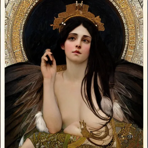 Prompt: highly detailed portrait of a beautiful cute girl with feathers, endless black hair, with pale skin, fibonacci, fragile, sitted on an intricate stone throne by alphonse mucha, nicola samuri, dino valls, m. w. kaluta, rule of thirds, seductive look, 4 k resolution