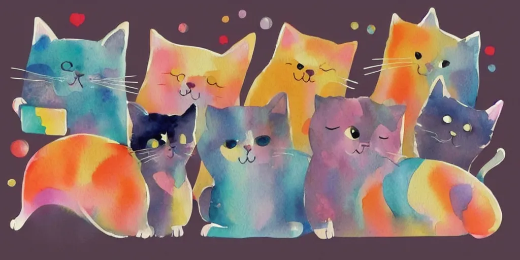 Image similar to watercolor illustration style, cute! cats!!! chose different coloured geometric toys, inspiring art