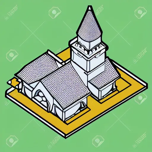 Prompt: isometric view of a church, steeple, geometric isometric perspective