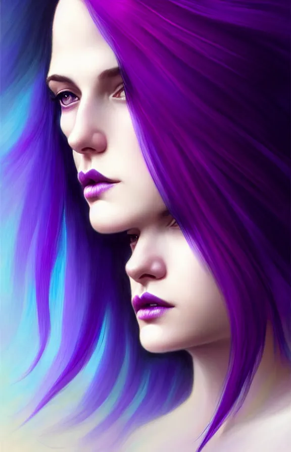 Image similar to Purple hair relistic Portrait of a woman with bright colored flying hair, all shades of purple. 100 mm, Beauty face, Hair coloring, fantasy, intricate, elegant, highly detailed, digital painting, artstation, concept art, smooth, sharp focus, illustration, art by artgerm and greg rutkowski and alphonse mucha