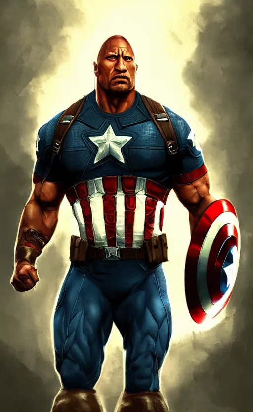 Image similar to dwayne johnson as captain america, dynamic lighting, cinematic, ultra detailed, trending on art station, stunning visuals, creative, fantasy concept art