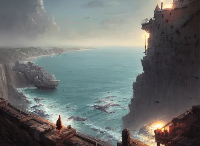 Prompt: a coastal city perched on a cliff overlooking a magnificent bay. It has a long white stone pier with cargo ships. Fantasy digital painting by Greg Rutkowski. Fantasy. Digital painting. Greg Rutkowski. Fantasy artwork.