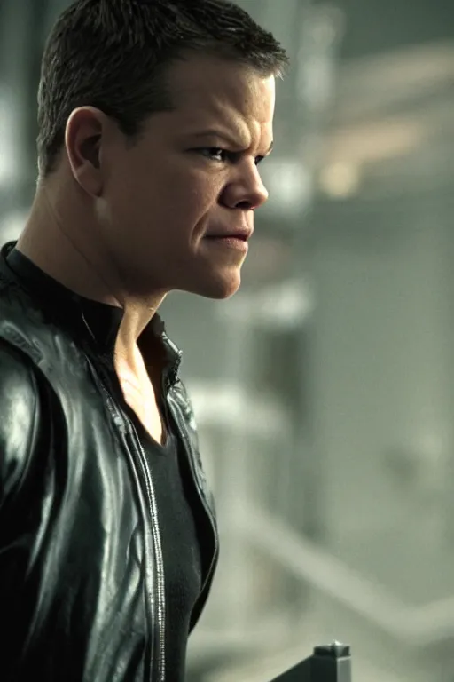 Prompt: A still of Matt Damon as Neo in The Matrix, close-up, sigma male, rule of thirds, award winning photo, unreal engine, studio lighting, highly detailed features, interstellar space setting