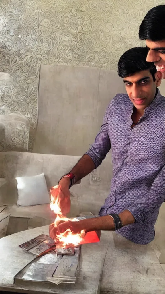 Image similar to rishi sunak burning money in his lavish house