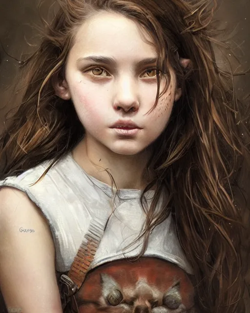 Image similar to portrait of 1 5 - year - old girl with thick brown hair, large front teeth, and bright piercing brown eyes, hyper realistic face, beautiful eyes, fantasy art, in the style of greg rutkowski, intricate, hyper detailed, smooth