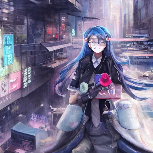 Image similar to dynamic composition, motion, ultra-detailed, incredibly detailed, a lot of details, amazing fine details and brush strokes, colorful and grayish palette, smooth, HD semirealistic anime CG concept art digital painting, watercolor oil painting of Clean and detailed post-cyberpunk sci-fi close-up schoolgirl in asian city in style of cytus and deemo, blue flame, relaxing, calm and mysterious vibes,, by a Chinese artist at ArtStation, by Huang Guangjian, Fenghua Zhong, Ruan Jia, Xin Jin and Wei Chang. Realistic artwork of a Chinese videogame, gradients, gentle an harmonic grayish colors. set in half-life 2, Matrix, GITS, Blade Runner, Neotokyo Source, Syndicate(2012), dynamic composition, beautiful with eerie vibes, very inspirational, very stylish, with gradients, surrealistic, dystopia, postapocalyptic vibes, depth of field, mist, rich cinematic atmosphere, perfect digital art, mystical journey in strange world