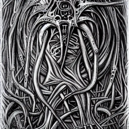 Prompt: lovecraftian horror by hr giger