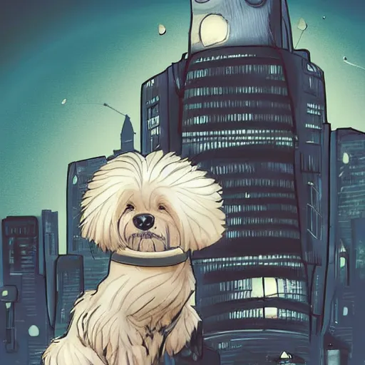 Image similar to cream colored havanese dog with a superhero cape and mask, tight shot, futuristic city, dusk, highly coherent, saga comic, graphic novel, fiona staples