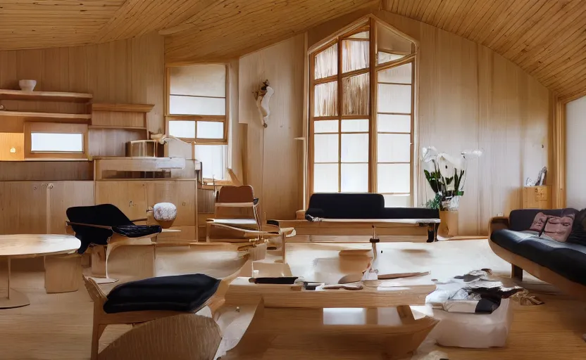 Image similar to luxurious wooden cottage by alvar aalto, modern japanese living room, japanese flower arrangements, coherent composition, architecturally accurate, architecture photography