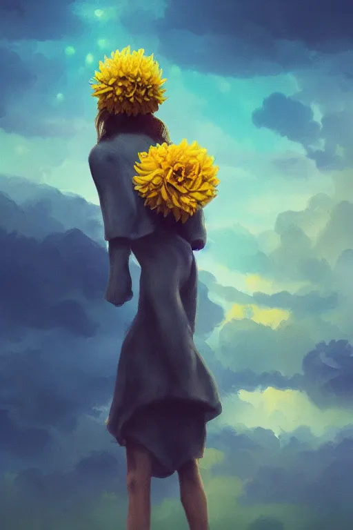 Prompt: closeup girl with huge yellow dahlia flower face, standing on mountain, surreal photography, blue storm clouds, dramatic light, impressionist painting, digital painting, artstation, simon stalenhag