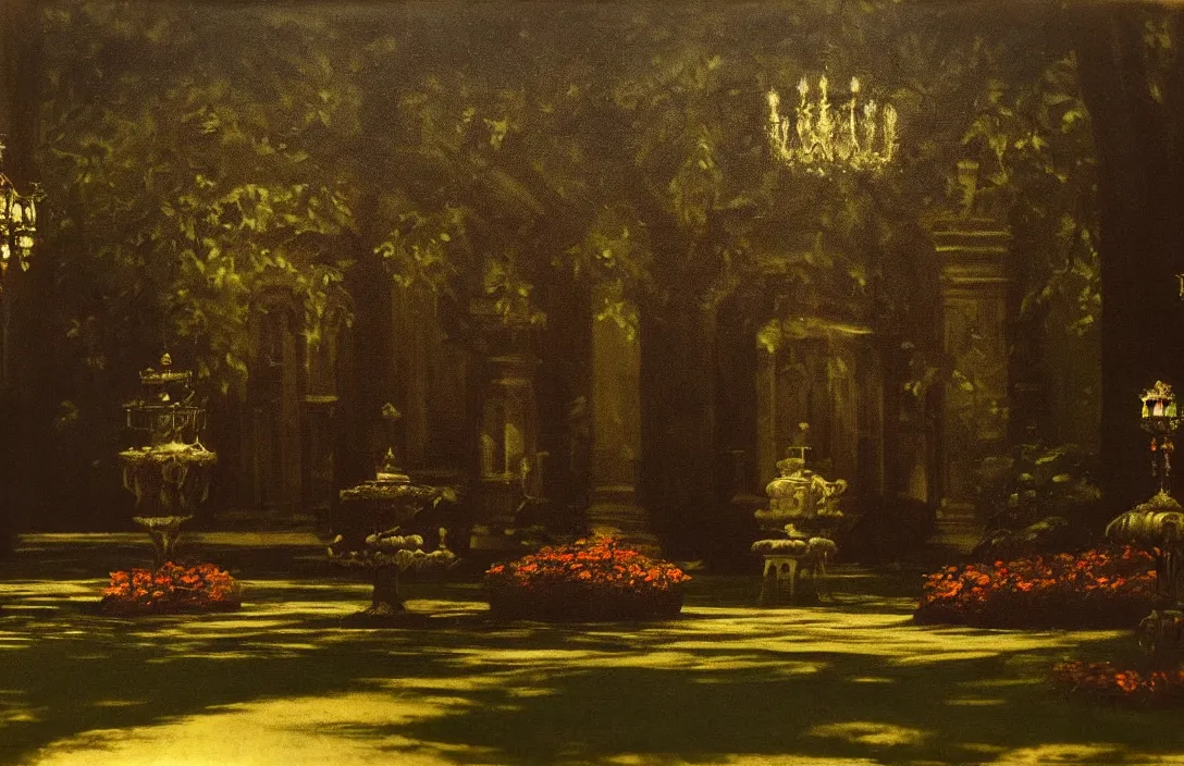 Image similar to virtuoso painting royal garden design by andre le notre intact flawless ambrotype from 4 k criterion collection remastered cinematography gory horror film, ominous lighting, evil theme wow photo realistic postprocessing divisionism painting by claude gellee