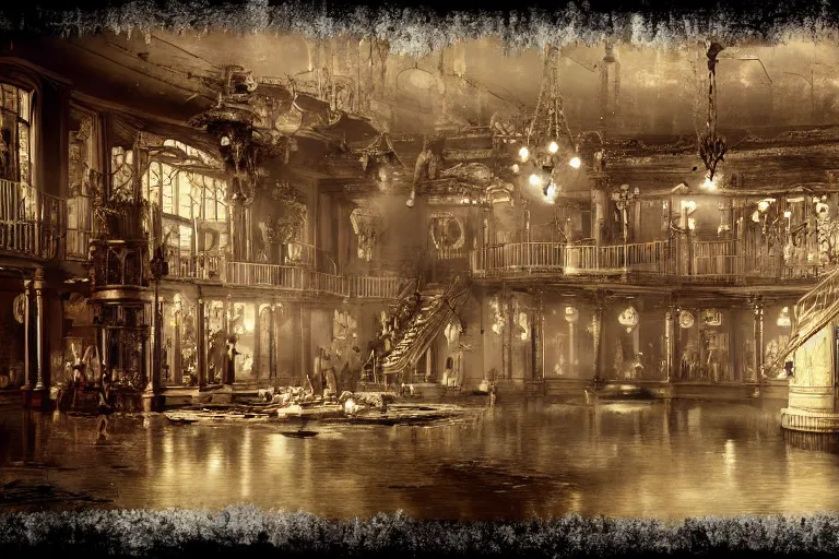 Image similar to steampunk ballroom flooding, wide shot, cinematic, realistic painting