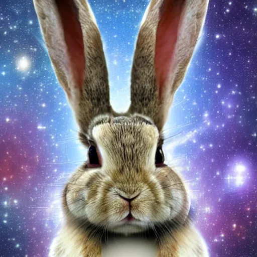 Prompt: serious rabbit's face only made by nebula space, higher realistic