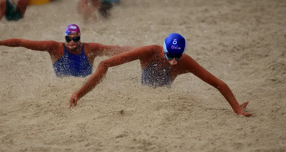 Image similar to olympic swimming in sand instead of water, extremely coherent, motion blur