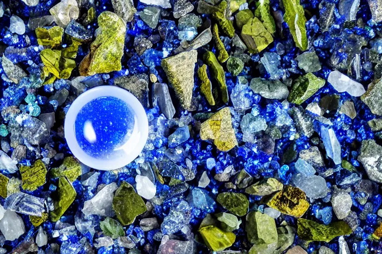 Image similar to huge glowing lazuli mystical crystal inside a dark foggy forest, surrounded by a few other glowing crystals, deep forest on background, 50mm