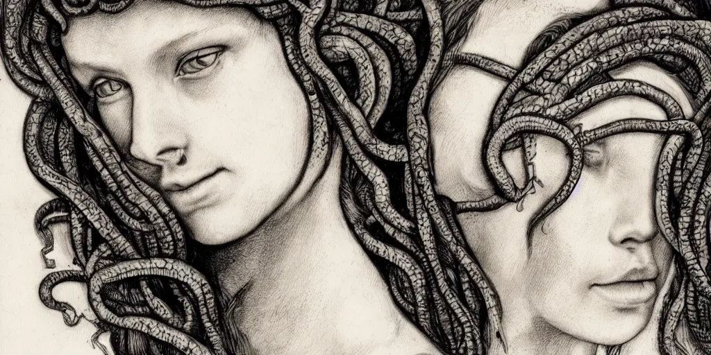 Image similar to realistic portrait of a medusa with her snake hair, 1450, ink, ultra realistic, 8k