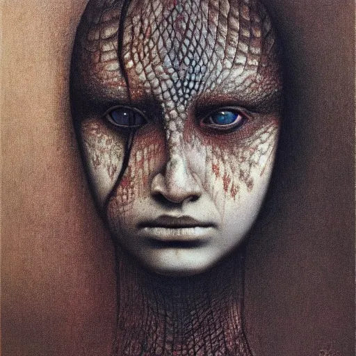 Image similar to portrait of lizard woman by Beksinski
