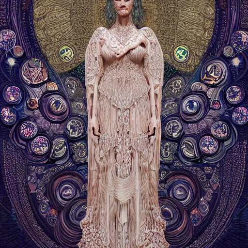 Image similar to 3 d goddess minerva, medium shot portrait. beautiful hyperrealistic intricate highly detailed and richly embroidered with esoteric symbols gown, surrounded by stacks of books bioluminescent, curious, plasma, 4 k surrealism