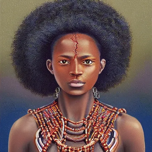 Prompt: “sango God of thunder plaited beads hair cowry Nigerian lightning facial details proportionate dark skinned symmetrical digital art oil painting Edward hooper”