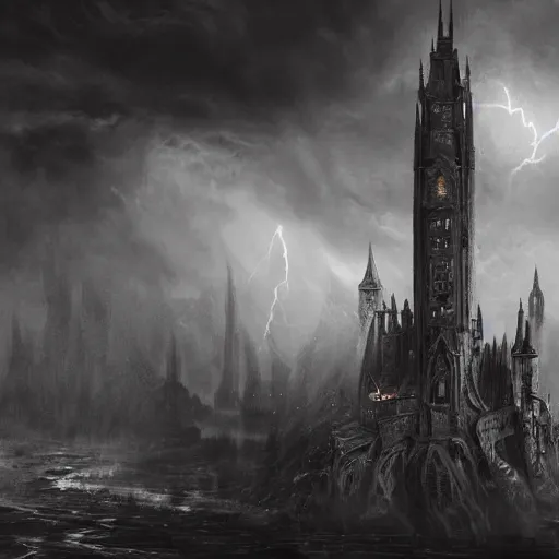 Image similar to an ultra detailed black and white matte painting of a lonely and impossibly tall ominous gothic dark citadel tower of the evil patriarch, in the style of magic the gathering, in a river elevated high above the city, flintlock fantasy capital city, ultrawide lense, aerial photography, scary thunderstorm, exquisite detail, 8 k, art by greg rutkowski and alphonse mucha