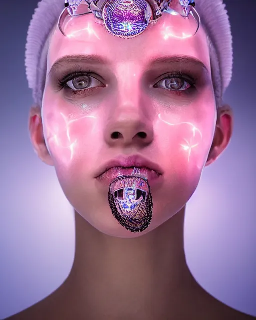 Image similar to natural light, soft focus portrait of a android with soft synthetic pink skin, blue bioluminescent plastics, smooth shiny metal, elaborate diamond ornate head piece, piercings, face tattoo, skin textures, by annie liebovotz, paul lehr,