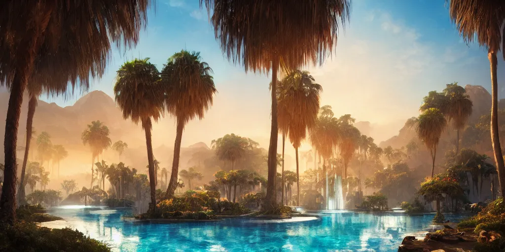 Image similar to beautiful oasis waterfalls surrounded by palm trees moroccan tile archways, date trees, ivory towers sunset peter morbacher ross tran angelarium greg rutkowski alchemy luxury heavenly light soft illumination, trending on artstation cinematic lighting digital painting octane render, artgerm