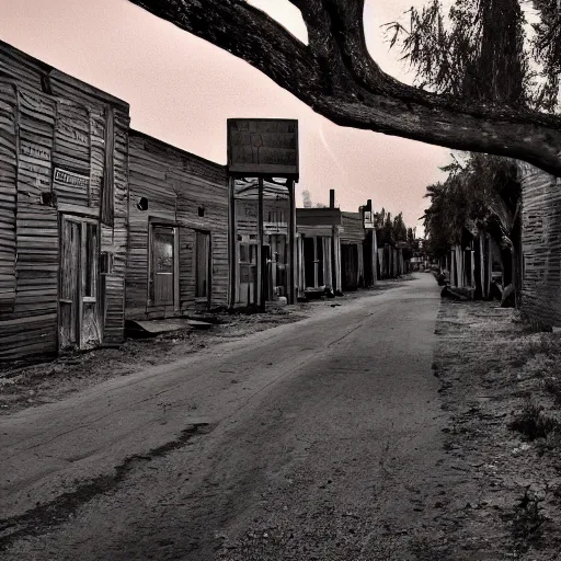 Image similar to a still of a deserted ghost town. Magic hour.