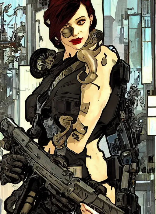 Image similar to cyberpunk blackops spy. catsuit. portrait by ashley wood and alphonse mucha and laurie greasley and josan gonzalez and james gurney. spliner cell, apex legends, rb 6 s, hl 2, d & d, cyberpunk 2 0 7 7. realistic face. dystopian setting.