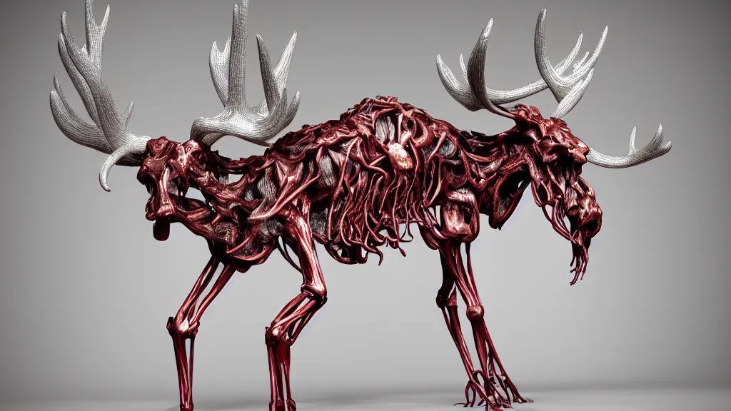 Image similar to stylized shiny polished silver statue full body bizarre extra limbs cosmic horror quadruped animal moose deer skull four legs made of creature tendrils perfect symmetrical body perfect symmetrical face hyper realistic hyper detailed by johannen voss by michelangelo octane render blender 8 k displayed in pure white studio room anatomical deep red arteries veins flesh animatronic