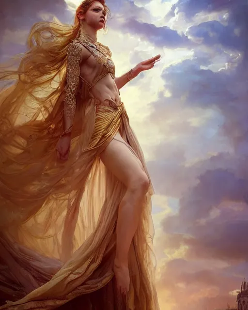 Image similar to a beautiful close up portrait of a sorceress floating on air with elegant looks, flowing robe, ornate and flowing, intricate and soft by ruan jia, tom bagshaw, alphonse mucha, wlop, beautiful roman architectural ruins in the background, epic sky, vray render, artstation, deviantart, pinterest, 5 0 0 px models