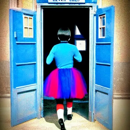 Prompt: spock!!!!!!!! in blue tutu exiting the tardis!!!!!!!, spock spock spock tardis tardis tardis color photo