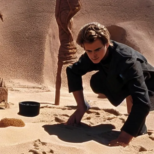 Image similar to Picture of hayden christensen as Anakin Skywalker building a sand castle on Tatooine, award-winning