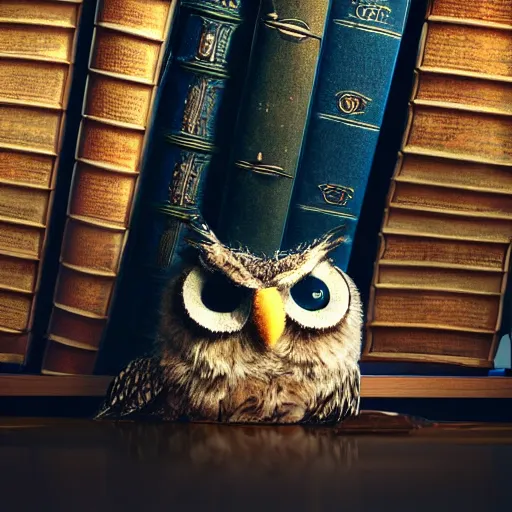 Image similar to long shot of a very cute plush and sleepy owl sitting on a pile of antique books, by naoto hatori, by yoshita amano, by esao andrews, fancy illustration hyperrealistic, big depth of field, fresh colors, moody evening light, 3 d octane render conceptart, 4 k, highly detailed, trending on artstation