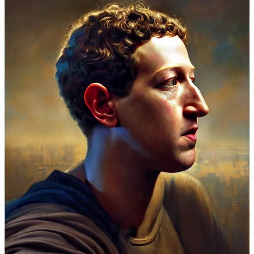 Image similar to highly detailed oil painting | very intricate | cinematic lighting | award - winning | portrait of cyborg mark zuckerberg | by roberto ferri, by tom bagshaw, by j. c. leyendecker and klimt, american romanticism, by austin osman spare, artstation, cgsociety, official art, octane