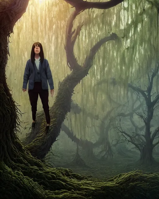 Image similar to highly detailed surreal vfx portrait of a cursed monster in a shadowy forest by a willow tree, stephen bliss, unreal engine, greg rutkowski, loish, rhads, beeple, makoto shinkai and lois van baarle, ilya kuvshinov, rossdraws, tom bagshaw, alphonse mucha, global illumination, detailed and intricate environment