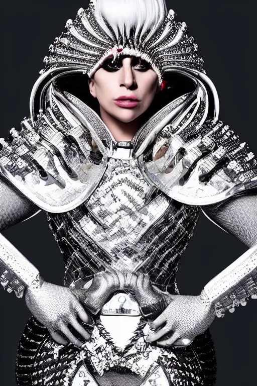 Image similar to very angry lady gaga forced by gucci for modeling in new gucci armor, luxury materials, symmetrical, cinematic, elegant, professional studio light, real dlsr photography, sharp focus, 4 k, ultra hd, sense of awe, high fashion