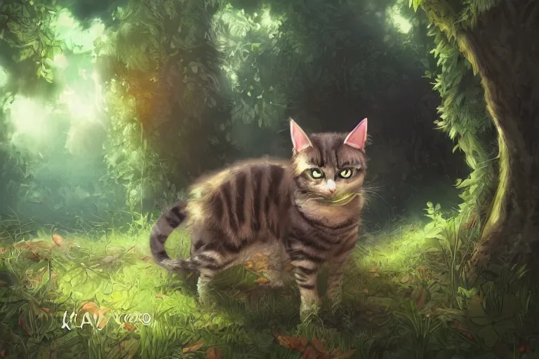 Prompt: a cat in a forest, highly detailed, digital art, trending on artstation, backlighting, by kawacy, by ken sugimori, fan art