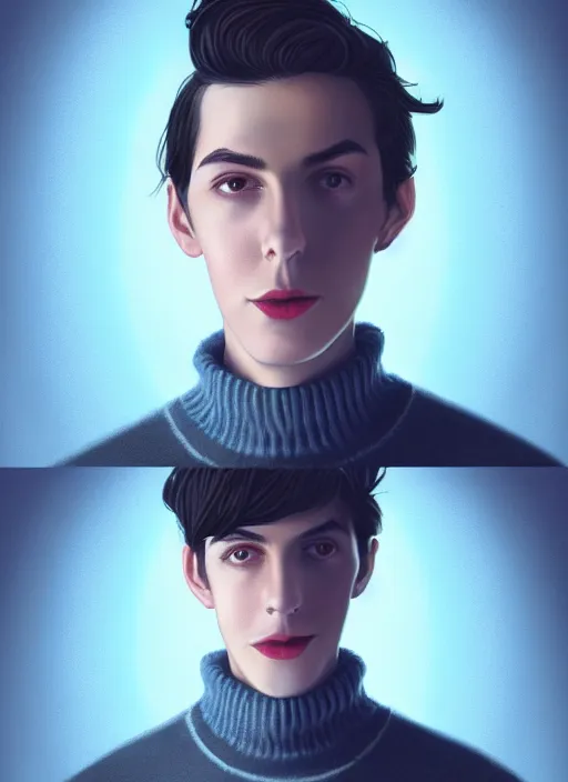 Image similar to portrait of teenage jughead jones wearing a light grey crown, crown, blue turtleneck, 1 9 5 0 s, closed eyes, photorealistic, black hair, glowing lighting, intricate, elegant, glowing lights, highly detailed, digital painting, artstation, concept art, smooth, sharp focus, illustration, art by wlop, mars ravelo and greg rutkowski