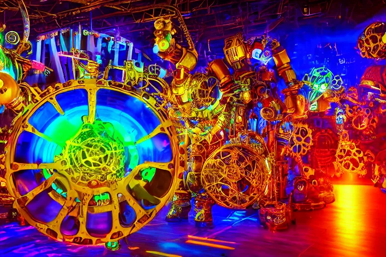 Image similar to scene is elrow party in amnesia ibiza, portrait photo of a giant huge golden and blue metal steampunk robot, with gears and tubes, eyes are glowing red lightbulbs, shiny crisp finish, 3 d render, 8 k, insaneley detailed, fluorescent colors, haluzinogetic, background is multicolored lasershow