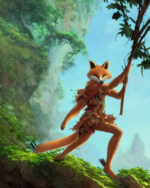 Prompt: an anthropomorphic fox warrior wearing clothes made of leaves and vines, holding a spear. Posed heroically on a rock. Adventurous, new adventure, trees, rocks, atmospheric lighting, stunning, brave. By Makoto Shinkai, Stanley Artgerm Lau, WLOP, Rossdraws, James Jean, Andrei Riabovitchev, Marc Simonetti, krenz cushart, Sakimichan, D&D trending on ArtStation, digital art.