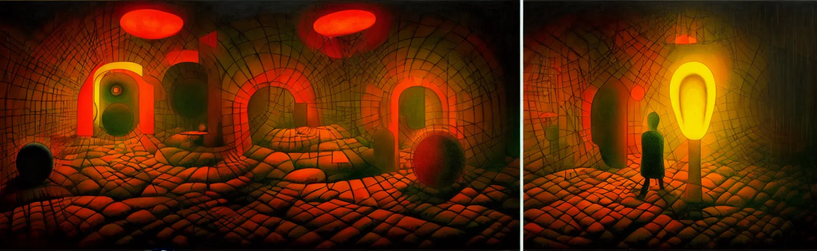 Prompt: hedonic treadmill, dark uncanny surreal painting by ronny khalil, shaun tan, and kandinsky, dramatic lighting from fire glow, mouth of hell, ixions wheel